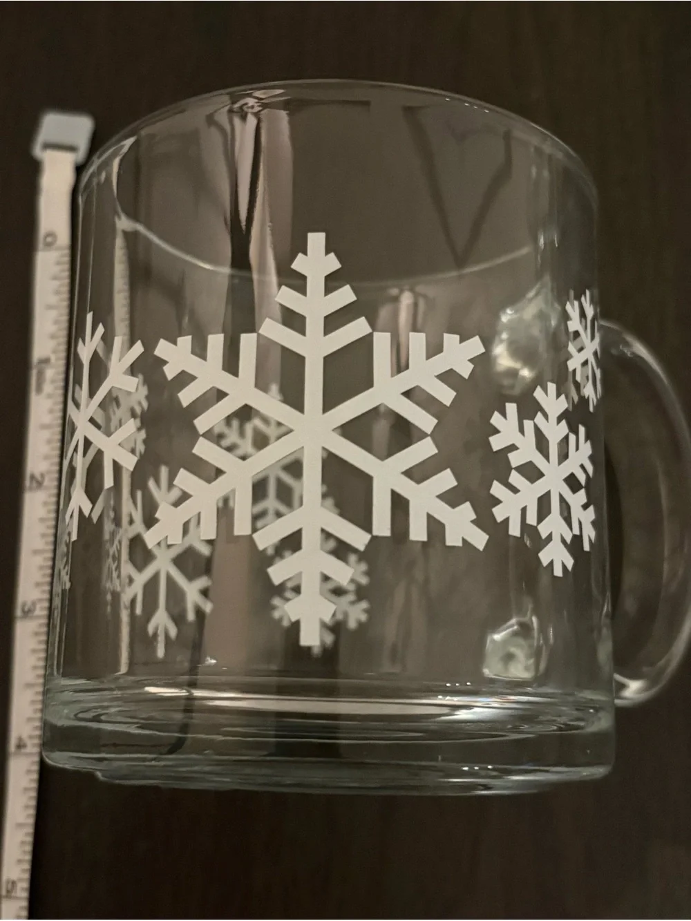Crate&Barrel Clear Glass Mug and Dessert Plate Set with White Snowflake Motif